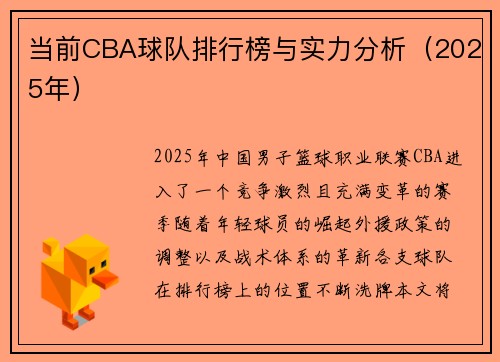 当前CBA球队排行榜与实力分析（2025年）